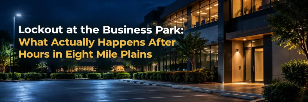 Empty Eight Mile Plains business park car park at night with illuminated office building entry and glowing upper floor windows