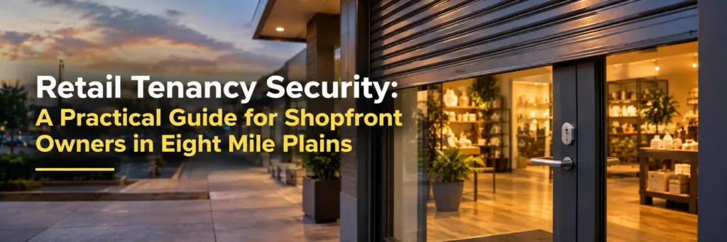 Retail shopfront with roller security shutter and keyed deadlock on glass entry door at dusk in Eight Mile Plains