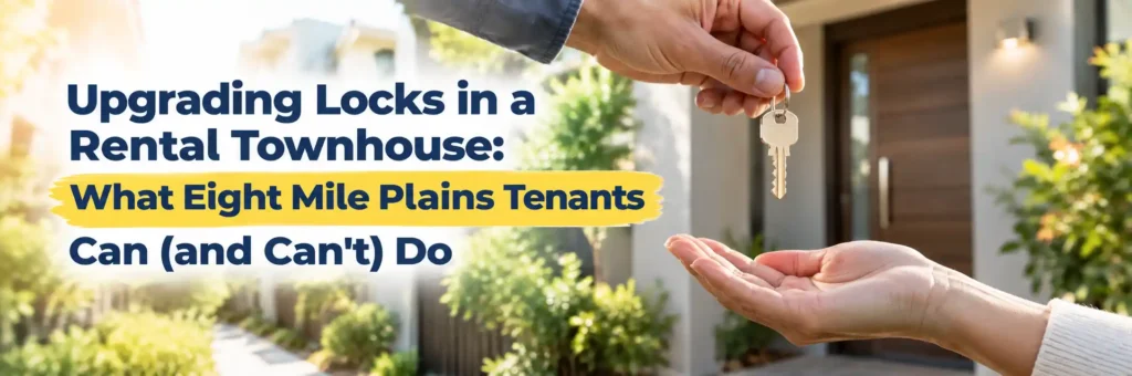 House key being handed to new tenant outside rental townhouse entry door in Eight Mile Plains